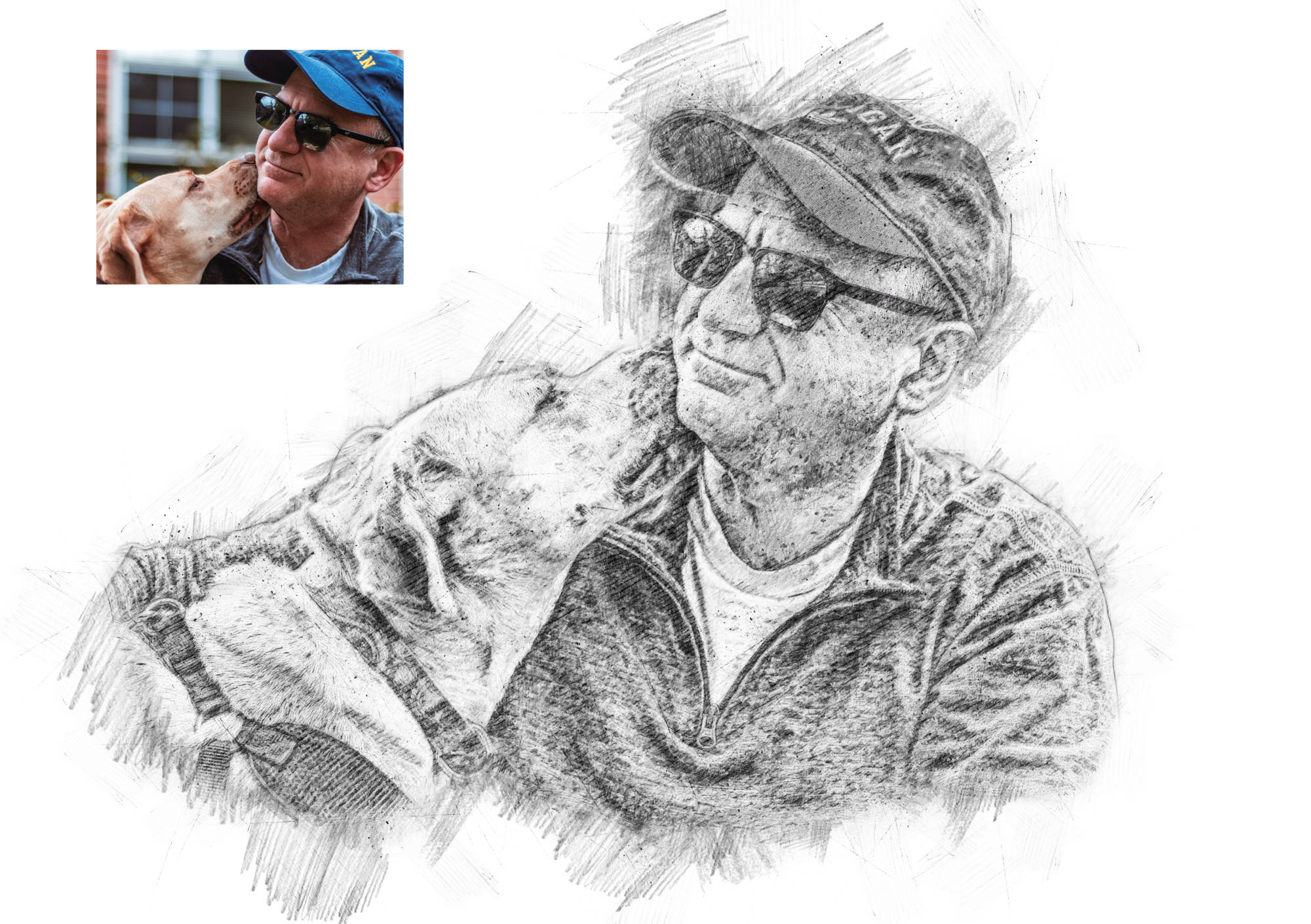 Pencil portrait of man with dog